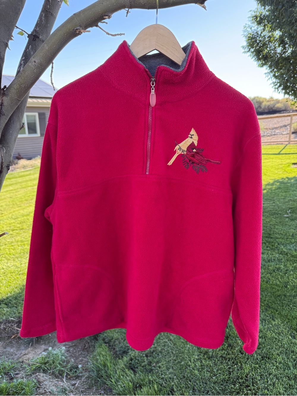 Vintage Top Stitch By Morning Sun Large 1/4 Zip Red W/ Embroidery Cardinals.